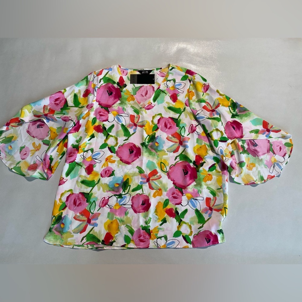 NEW Slim Factor Investments Kaleidoscope V Neck 3/4 Drape Sleeve Top $69 - Picture 2 of 10